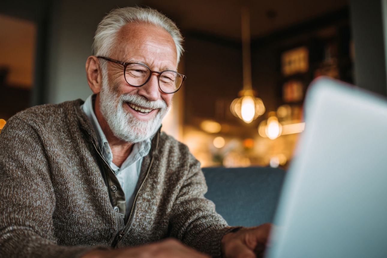 Ein lächelnder Senior sitzt vor seinem Laptop