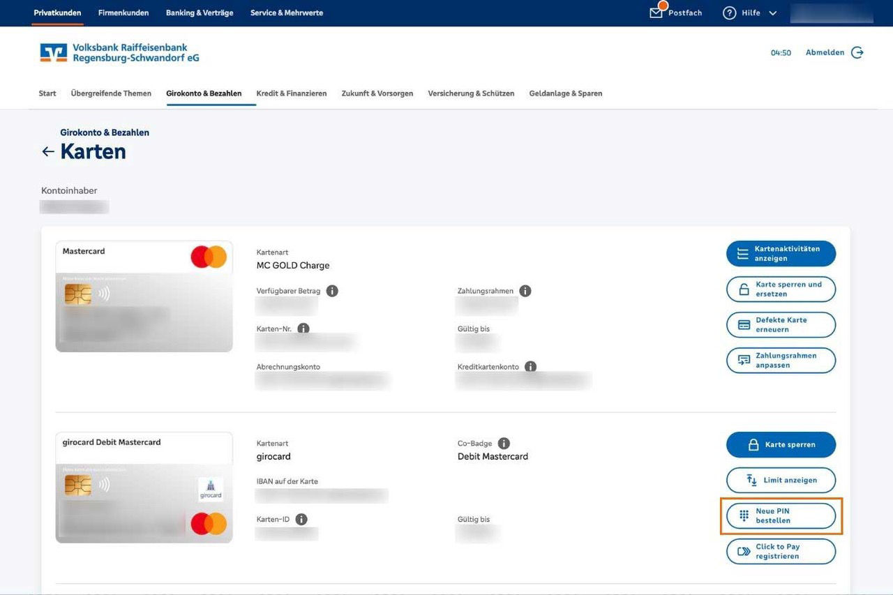 Screenshot des geschlossenen Bereichs des OnlineBankings