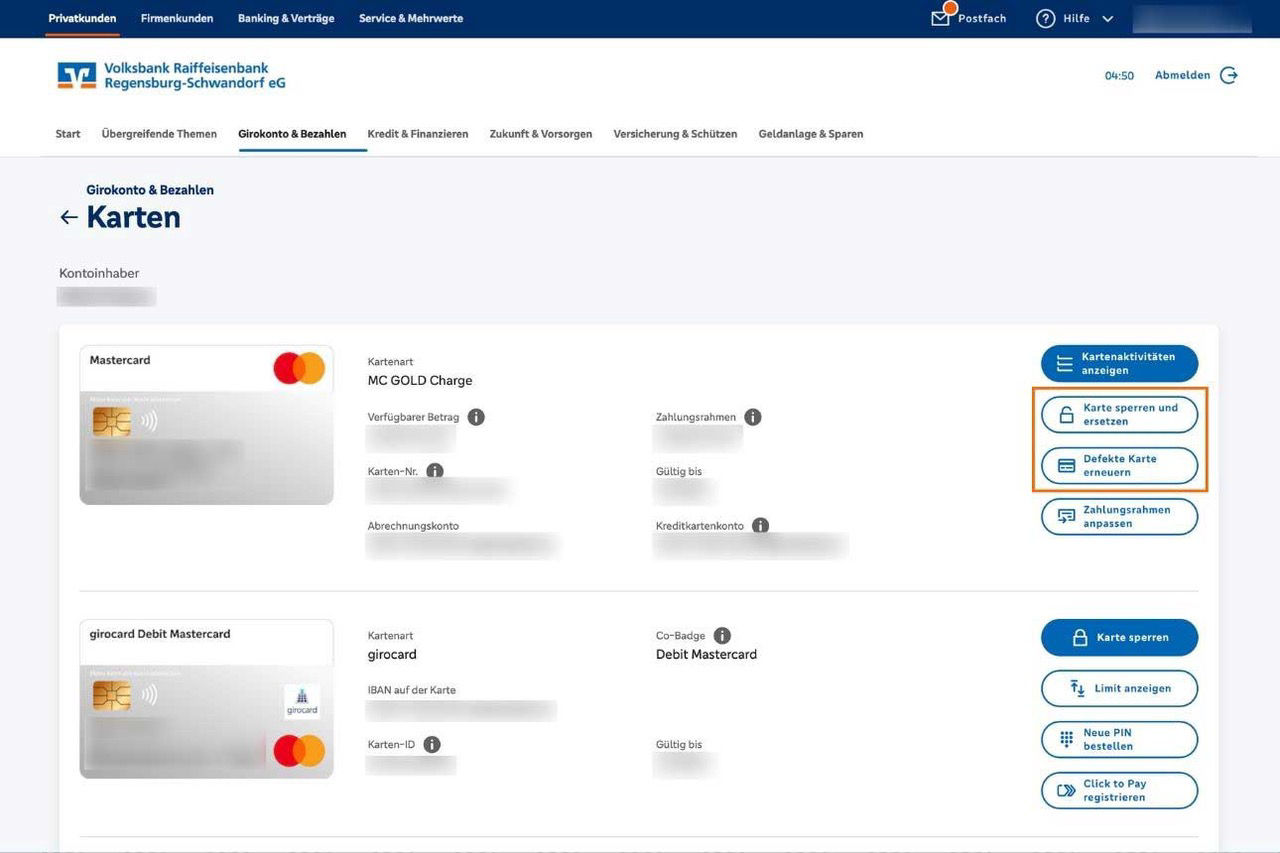 Screenshot des geschlossenen Bereichs des OnlineBankings