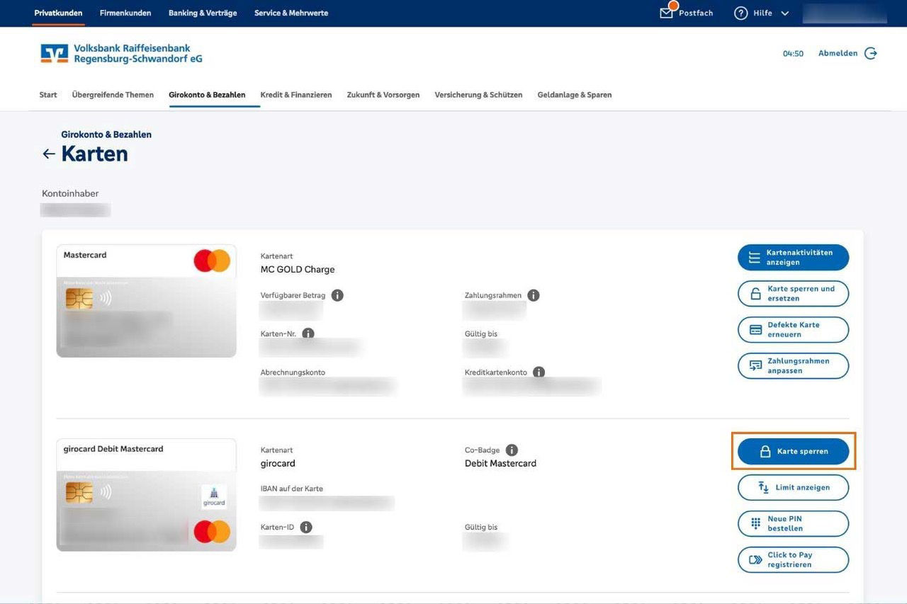 Screenshot des geschlossenen Bereichs des OnlineBankings