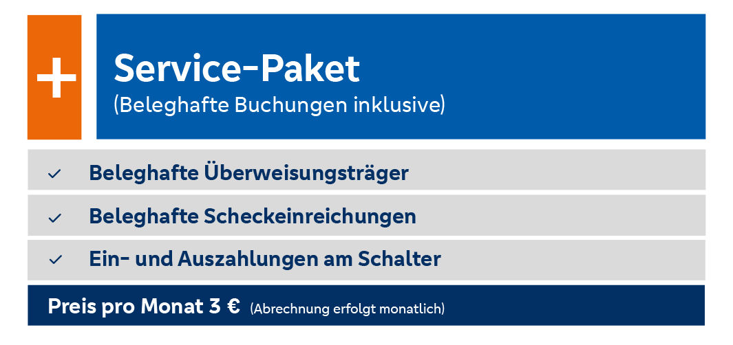 Service-Paket für 3 € pro Monat: Belegerfassung, Scheckeinreichung und Schalter-Transaktionen inklusive.