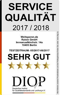 Ein Siegel mit Namen "Service Qualität 2017/2018" und den Worten "Sehr gut", "DIQP"
