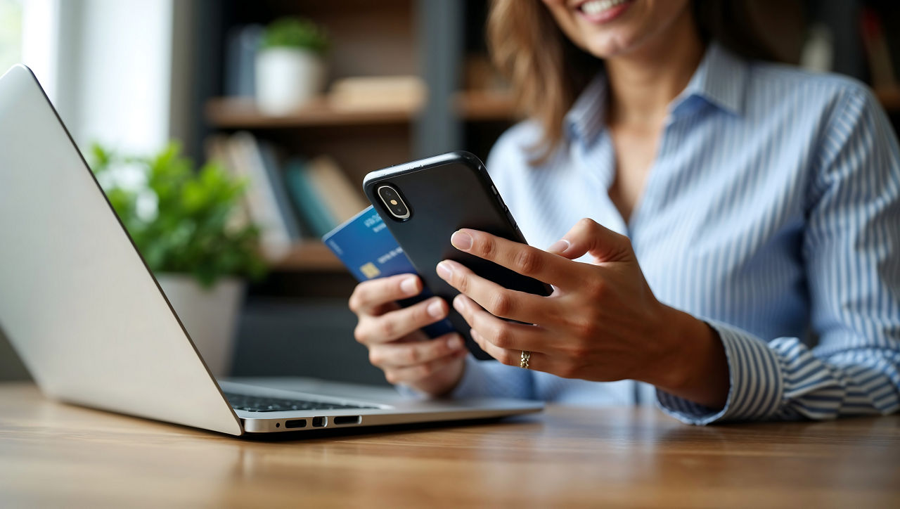 Eine junge Frau mit Bankkarte und Smartphone am Tisch vor einem Laptop