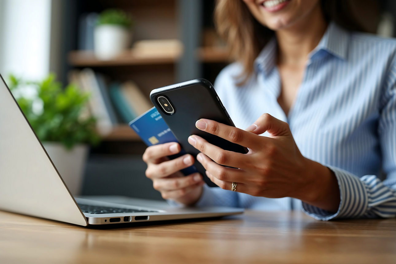 Eine junge Frau mit Bankkarte und Smartphone am Tisch vor einem Laptop