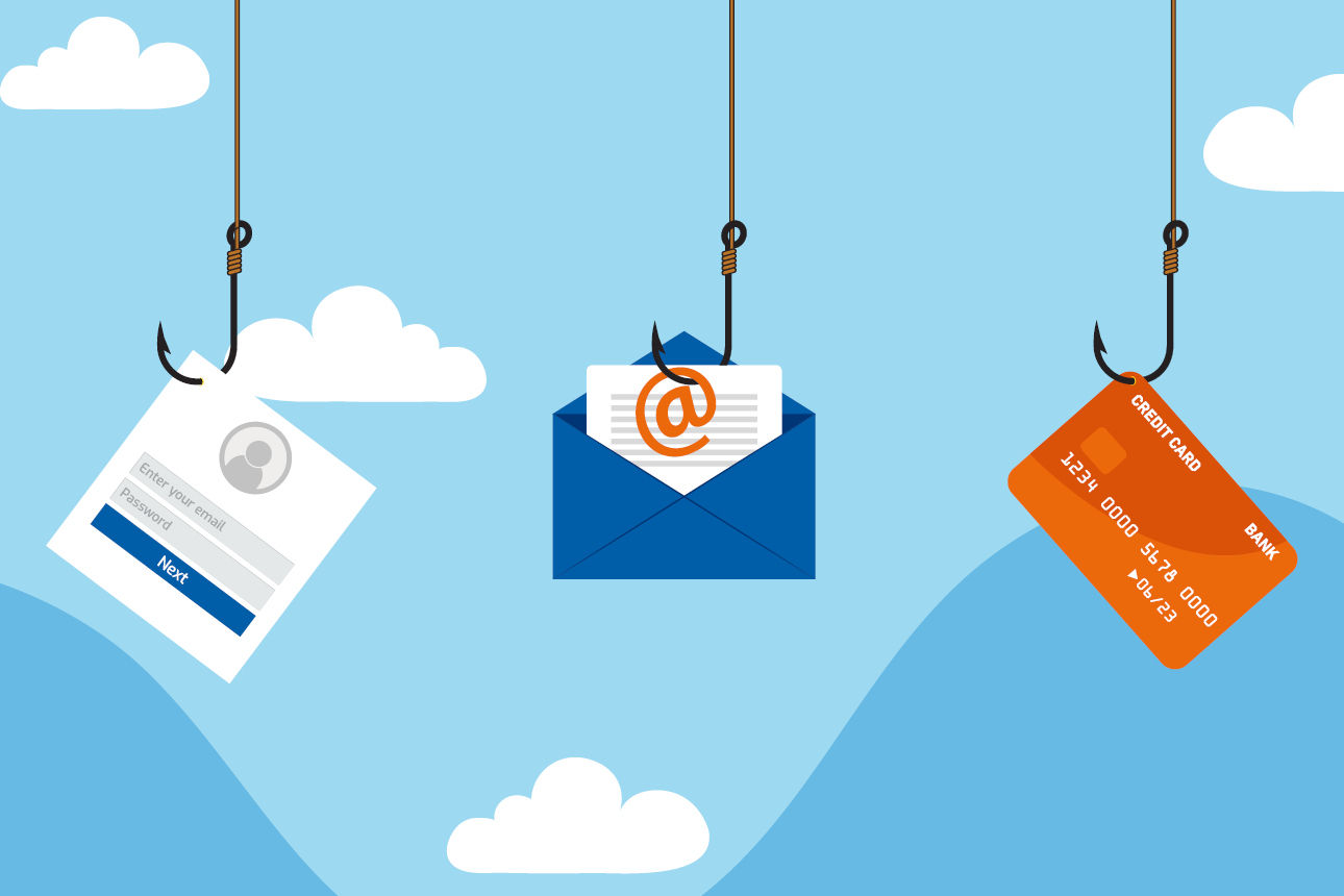 Darstellung einer Login-Seite, einer E-Mail und einer Kreditkarte, die jeweils an einem Angelhaken hängen