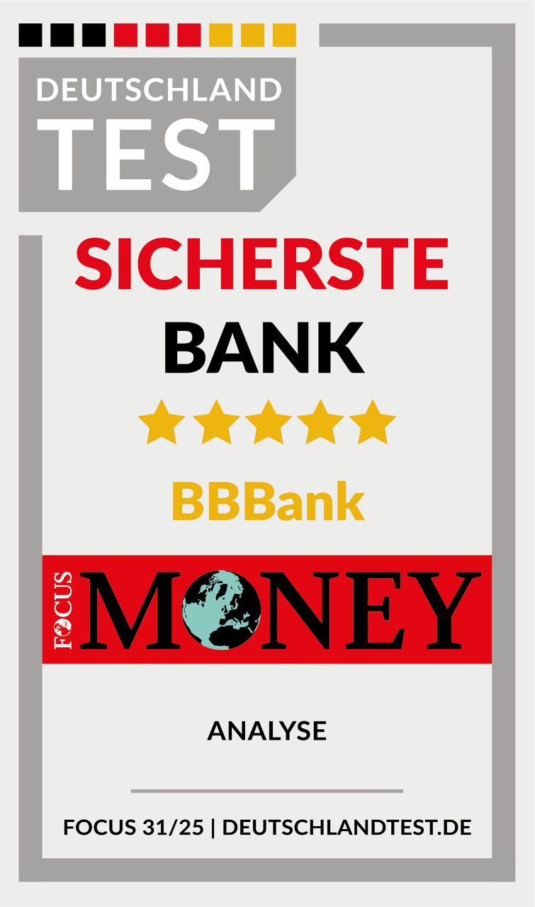 Testsiegel Deutschland Test von Focus Money Sicherste Bank, 5 Sterne für BBBank
