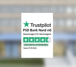 Siegel zu den hervorragenden Trustpilot-Bewertungen der PSD Bank Nord