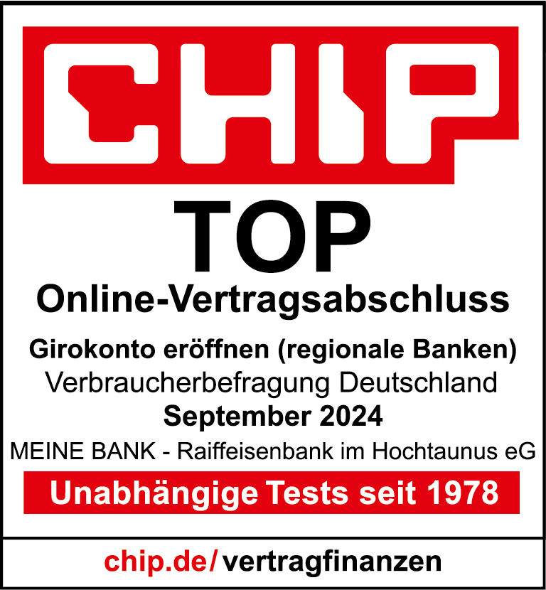 Testsiegel von CHIP, welches das Girokonto von Meine Bank im Test September 2024 mit einem "Top Online Vertragsabaschluss" bewertet