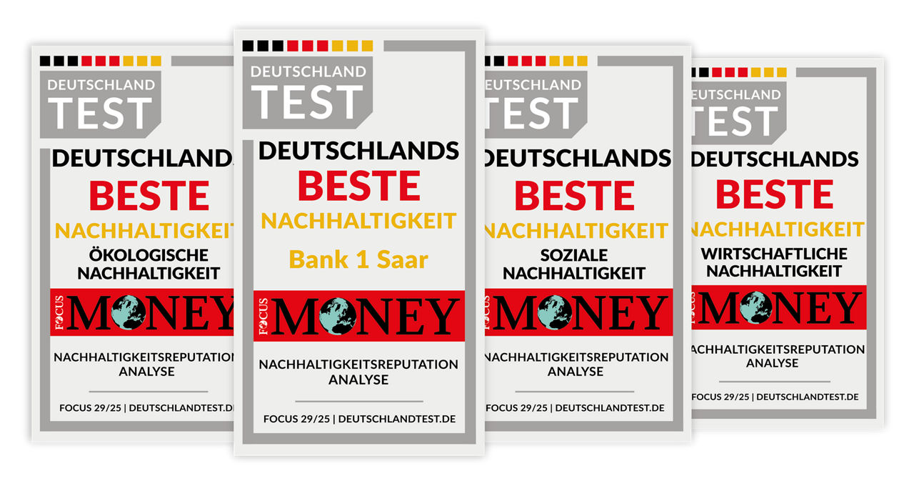 Bank 1 Saar mit Siegel "Deutschlands Beste – Nachhaltigkeit" ausgezeichnet
