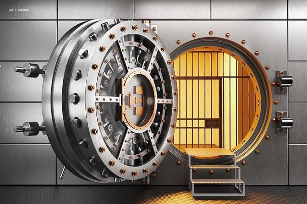 Runde, silberne Tresortür, die über drei Stufen in einen  beleuchteten Tresorraum führt