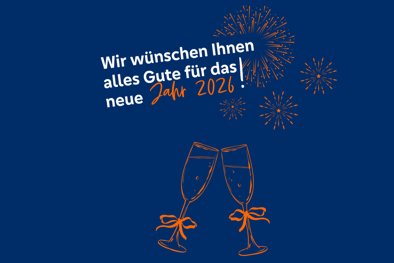 Motiv: Feuerwerk und 2 Sektgläser - Text: Wir wünschen Ihnen alles Gute für das neue Jahr 2026!