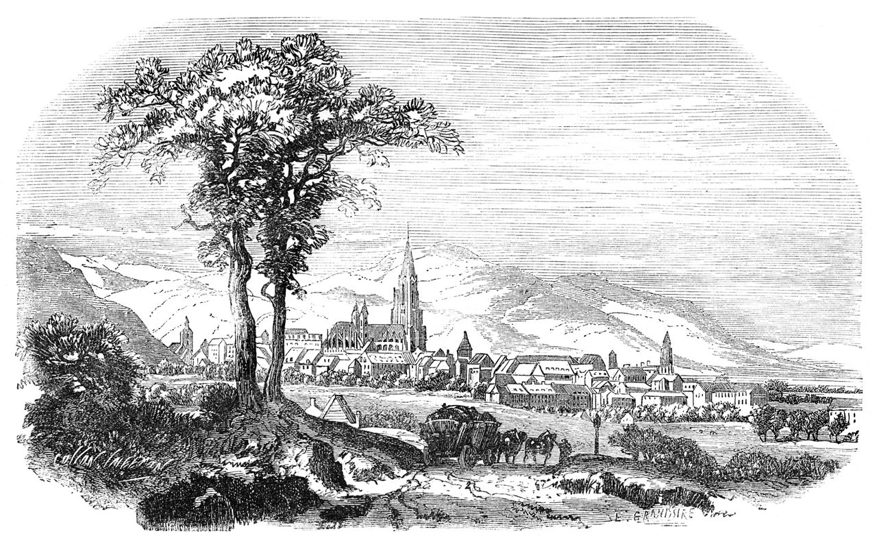 Schwarz-weiß-Zeichnung einer Stadt mit Kirchen, Bäumen und Bergen im Hintergrund.