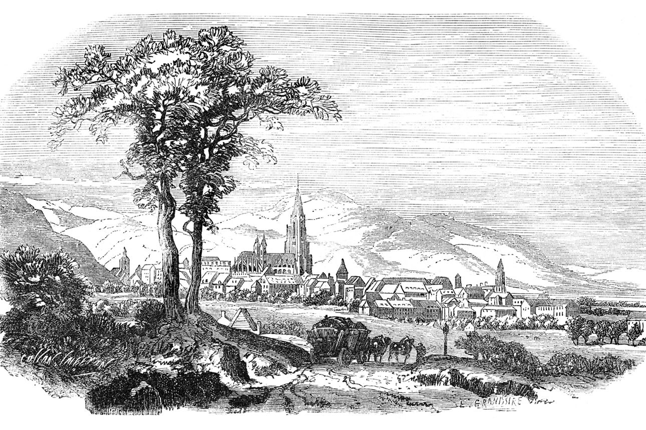 Schwarz-weiß-Zeichnung einer Stadt mit Kirchen, Bäumen und Bergen im Hintergrund.