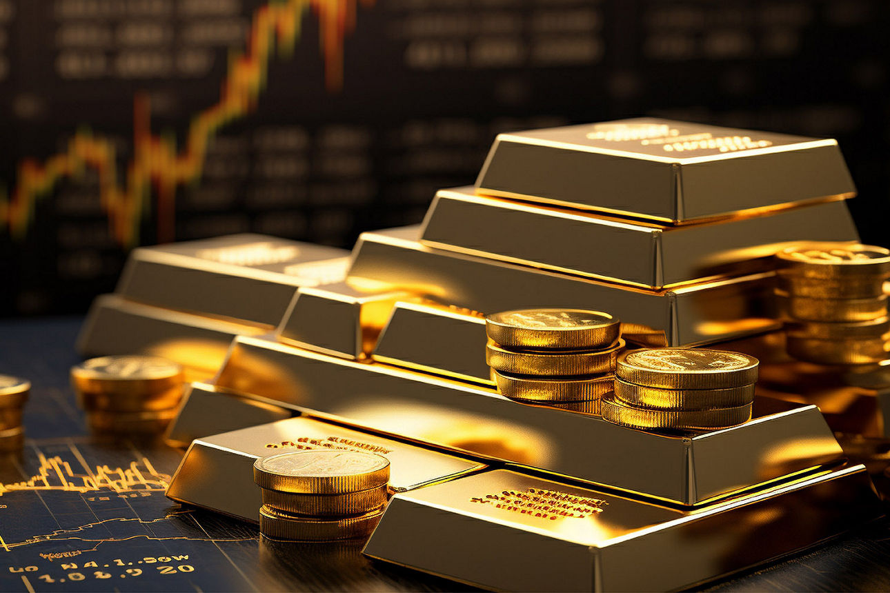 Mehreren Goldbarren und Stapeln von Goldmünzen, im Hintergrund Kurven und Finanzdaten. (KI-generiert)
