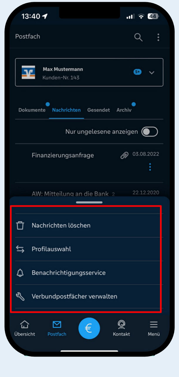 Smartphone-Ansicht mit der Funktionsauswahl des Postfachs