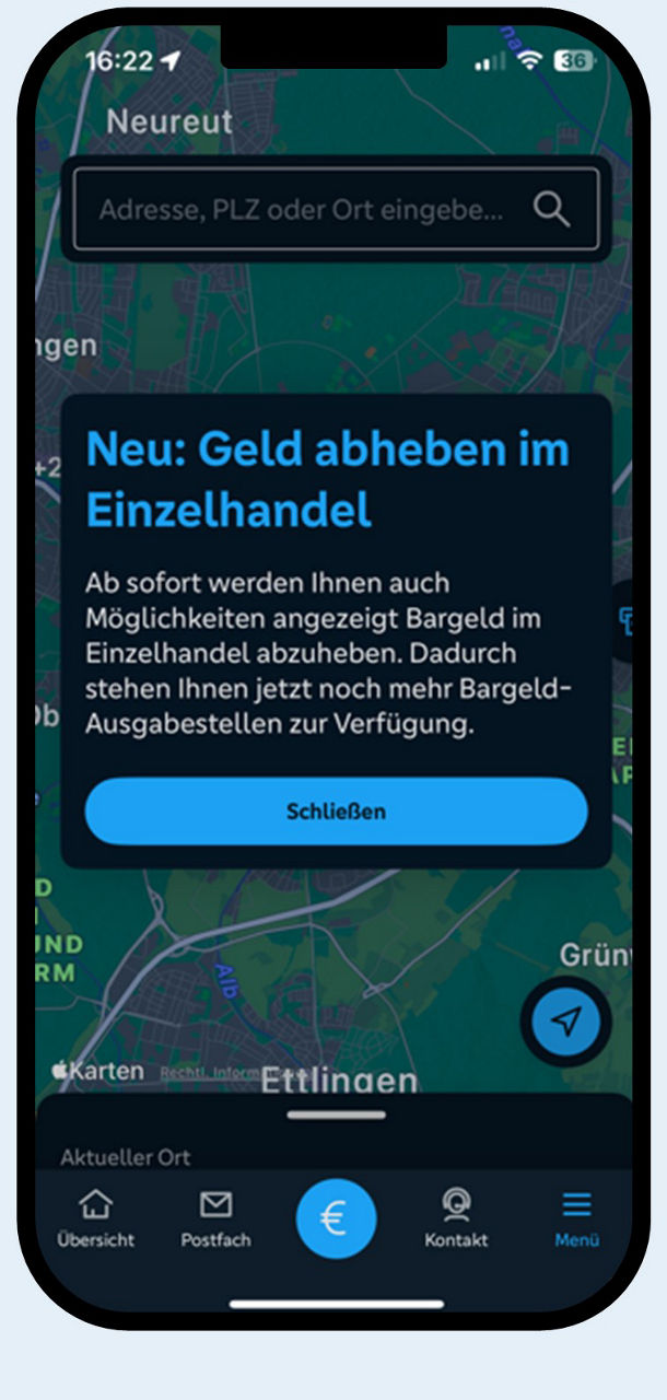 Ansicht der Funktion Geld abheben in der VR Banking App