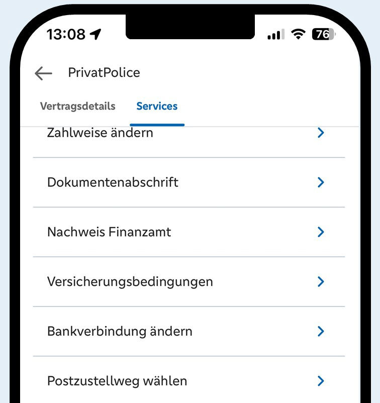 Grafik zeigt SelfServices der R+V in der VR Banking App