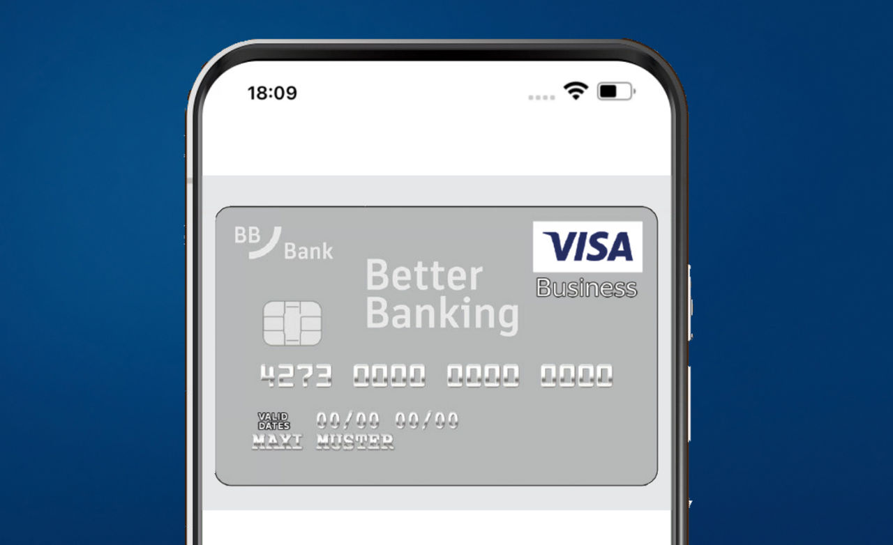 Smartphone vor blauem Hintergrund mit Abbildung der Visa Business Card