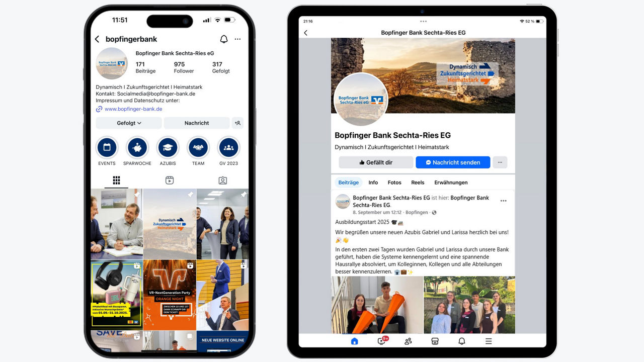 Ein Smartphone zeigt den Instagram Account und ein Tablet zeigt Facebook Account der Bank 