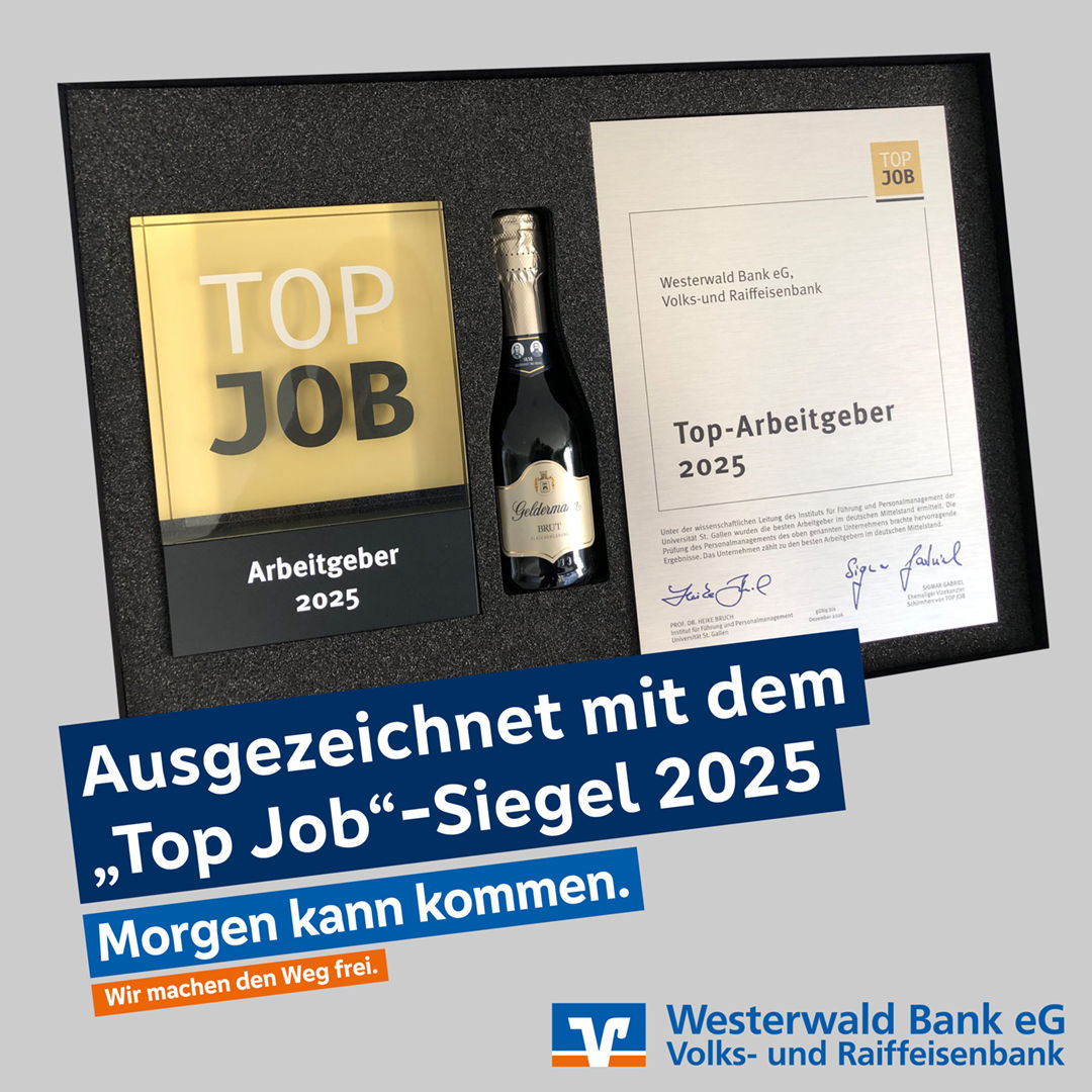 "Top Job"-Siegel 2025, Sektflasche und Urkunde im Rahmen, mit Text "Ausgezeichnet mit dem 'Top Job'-Siegel 2025."