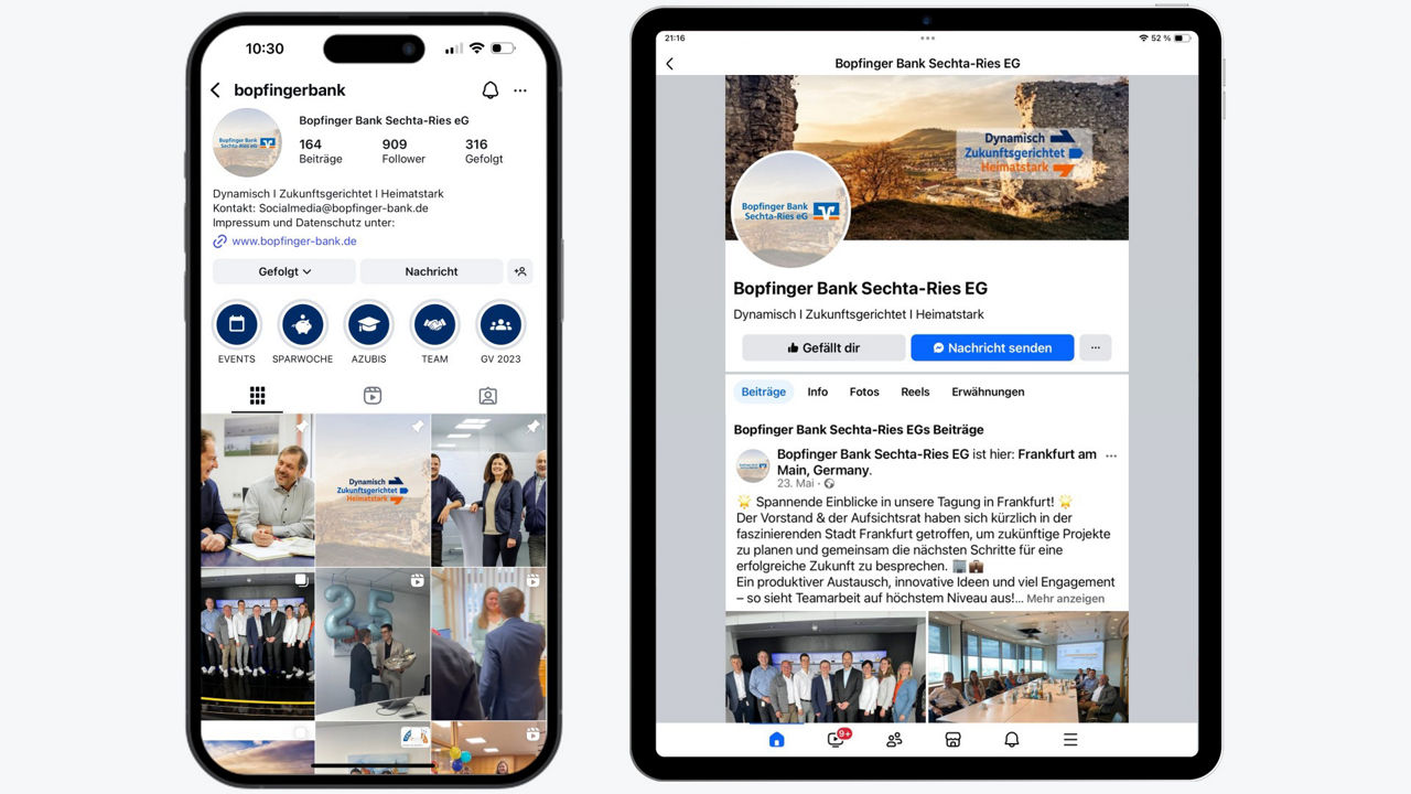 Ein Smartphone zeigt den Instagram Account und ein Tablet zeigt Facebook Account der Bank 