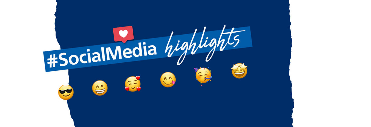 Banner mit Aufschrift "#SocialMedia highlights". Darunter befinden sich verschiedene Emoticons und darüber ein Emoticon Sprechblase mit Herz darin. Der Hintergrund ist vorwiegend blau.