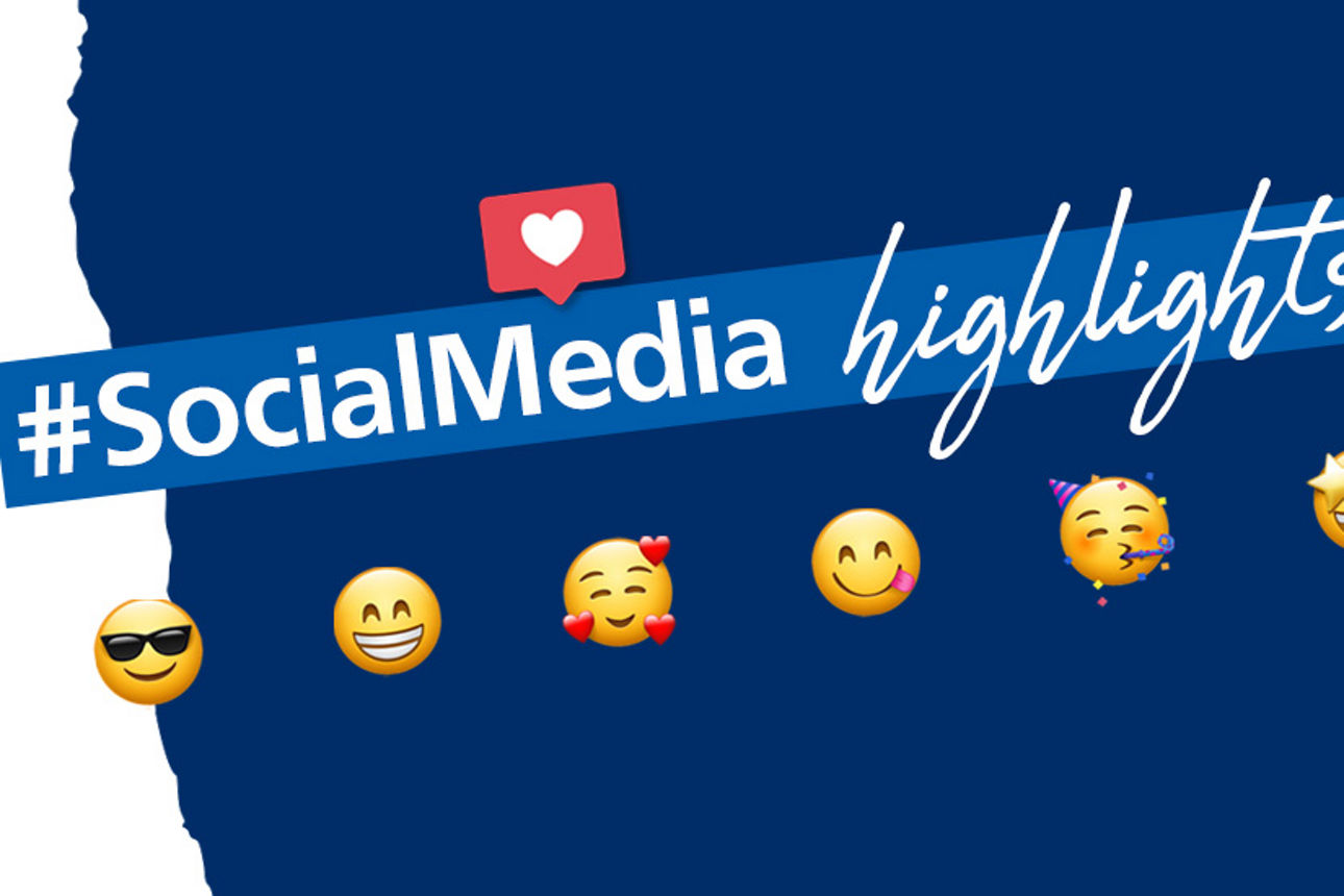 Banner mit Aufschrift "#SocialMedia highlights". Darunter befinden sich verschiedene Emoticons und darüber ein Emoticon Sprechblase mit Herz darin. Der Hintergrund ist vorwiegend blau.