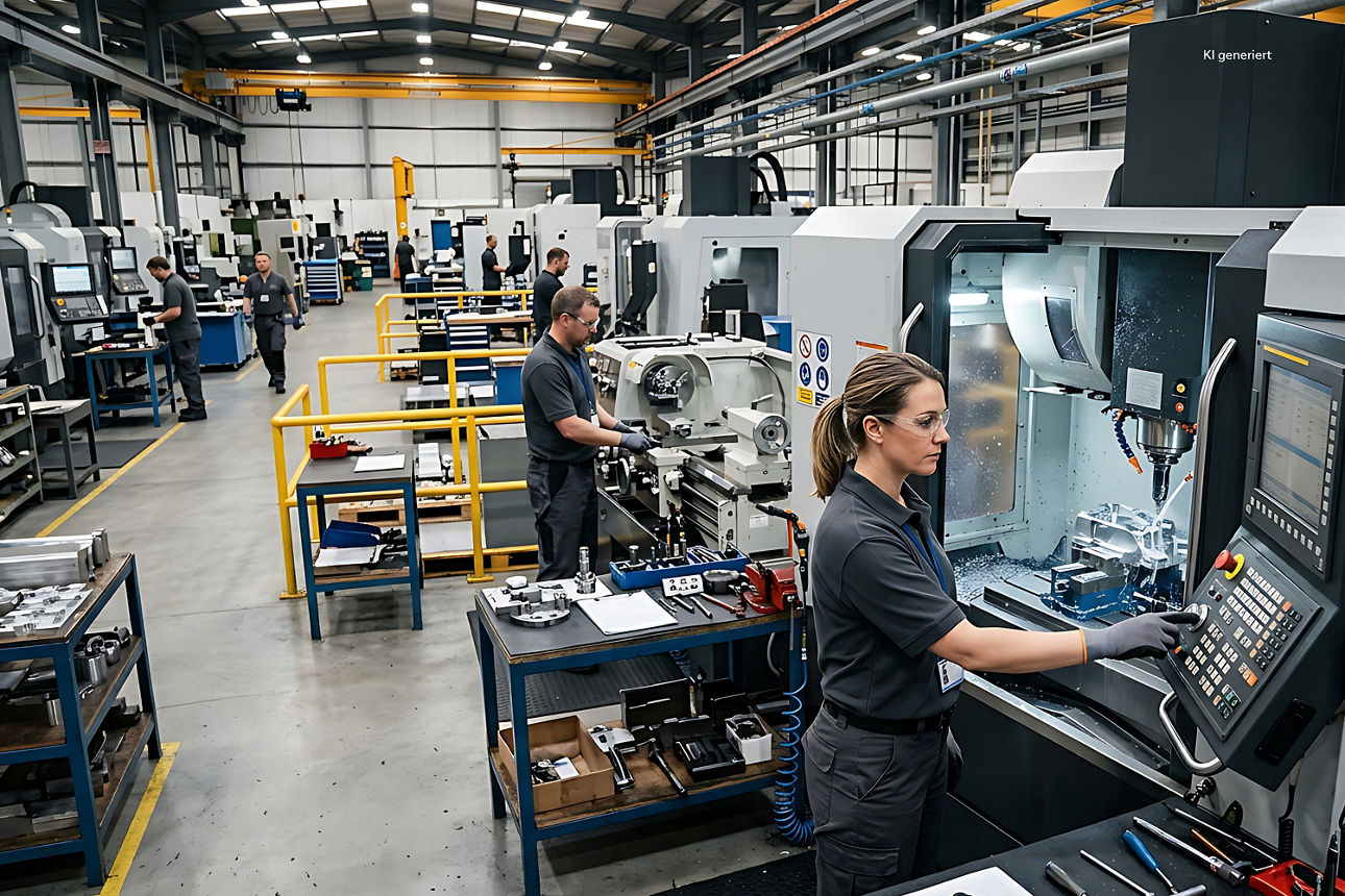 Frau bedient CNC-Maschine in moderner Fabrikhalle mit mehreren Arbeitern und Maschinen im Hintergrund