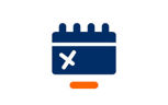 Symbol eines blauen Kalenders mit einem weißen Kreuz und einem orangefarbenen Strich darunter.