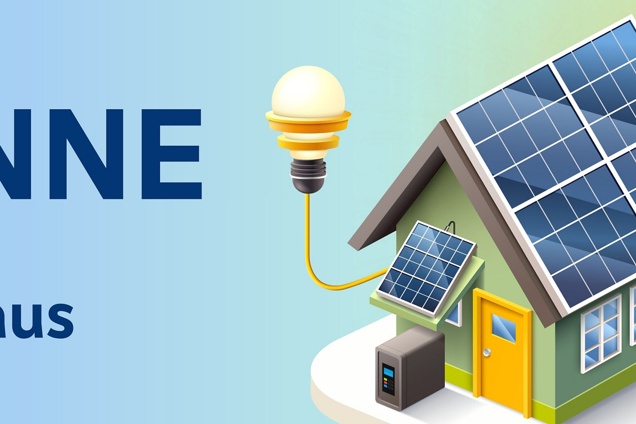 Grafik eines Hauses, auf das eine PV-Anlage gebaut wird