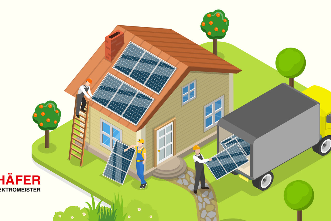 Grafik eines Hauses, auf das eine PV-Anlage gebaut wird
