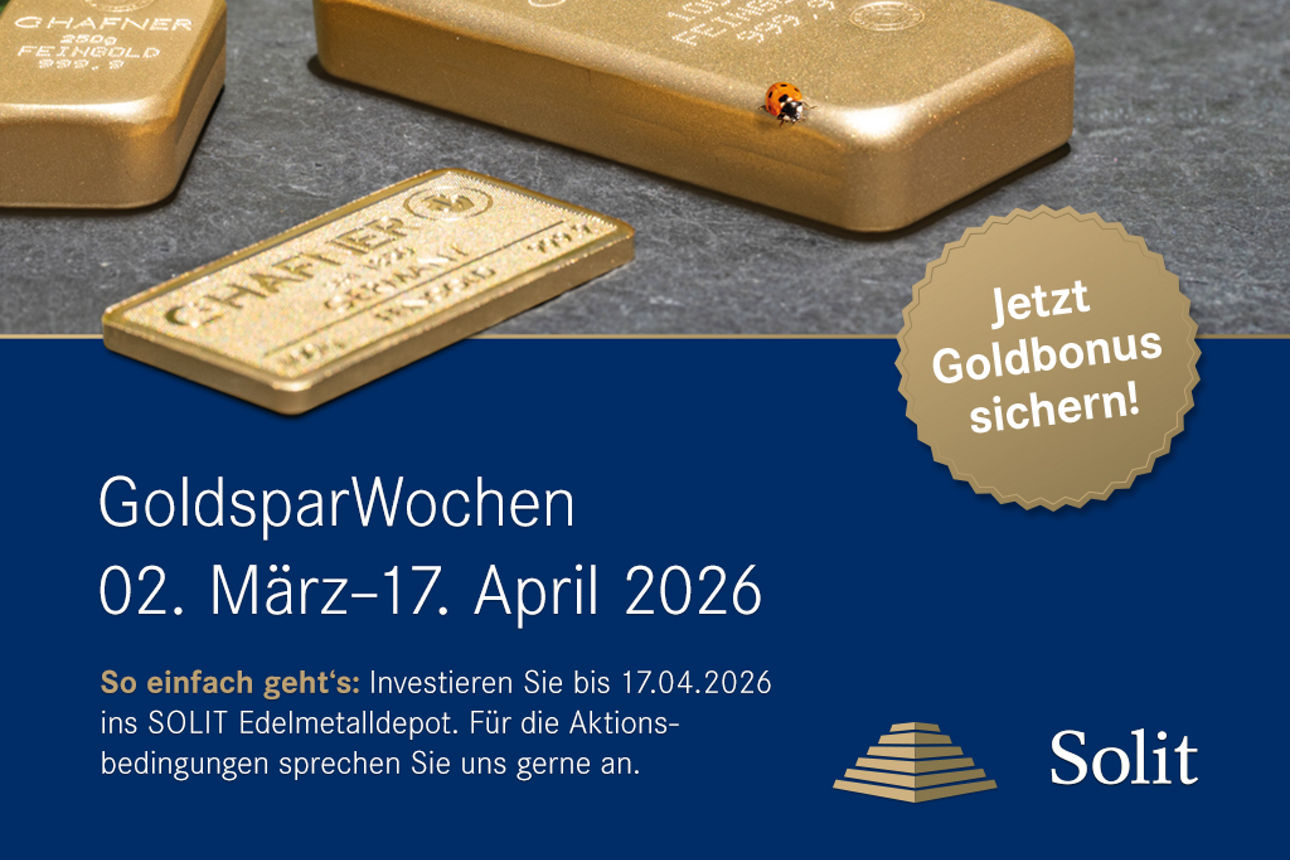Goldbarren liegen auf Stein; auf einem Barren sitzt ein Marienkäfer. Rechts Werbetext zu Goldsparwochen.