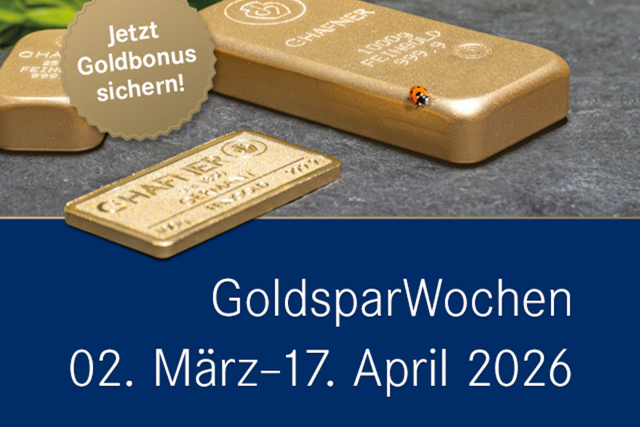 Drei Goldbarren mit Informationen zu den Solit-Goldsparwochen