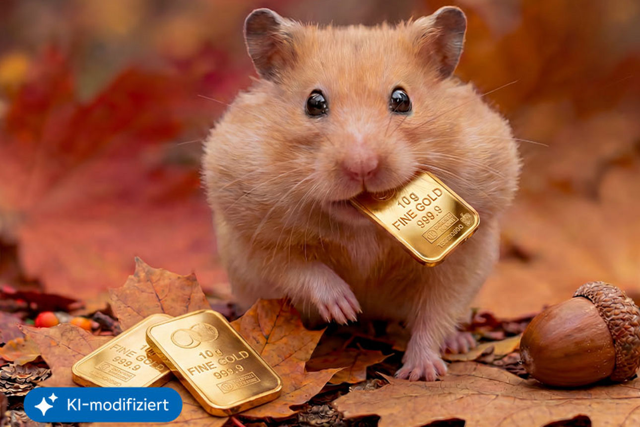 Ein Hamster mit einem Goldbarren im Mund, KI-generiert