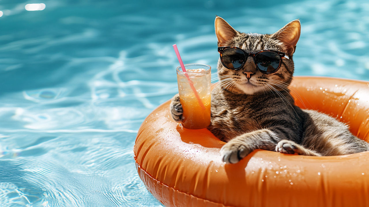 Jetzt wird's heiß: Unser SommerZins - Katze mit Cocktail auf einem Schwimmring