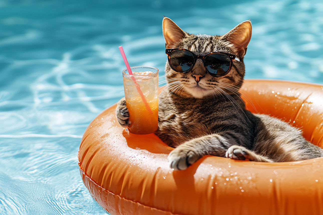 Unser SommerZins - Katze trinkt einen Cocktail während sie in einem Schwimmring im Pool sitzt. 