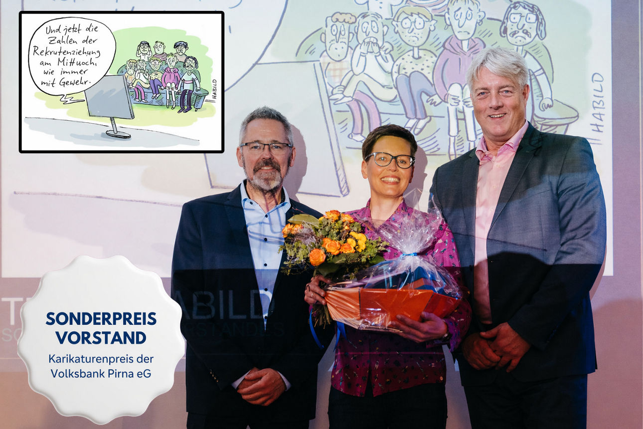 Der Vorstand der Volksbank Pirna eG gratuliert Teresa Habild zum Preis.
