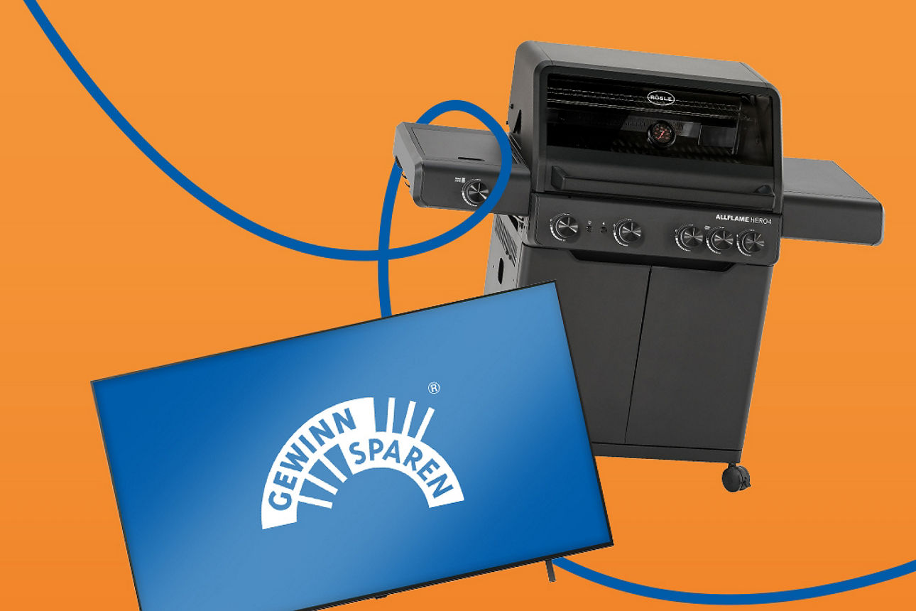 WM-Paket zur Sonderverlosung Gewinnsparen bestehend aus RÖSLE Gasgrill und Faltscreen-TV