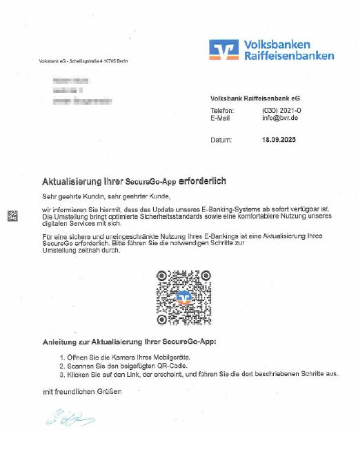 Quishing-Briefanschreiben mit falschen betrügerischen Inhalten