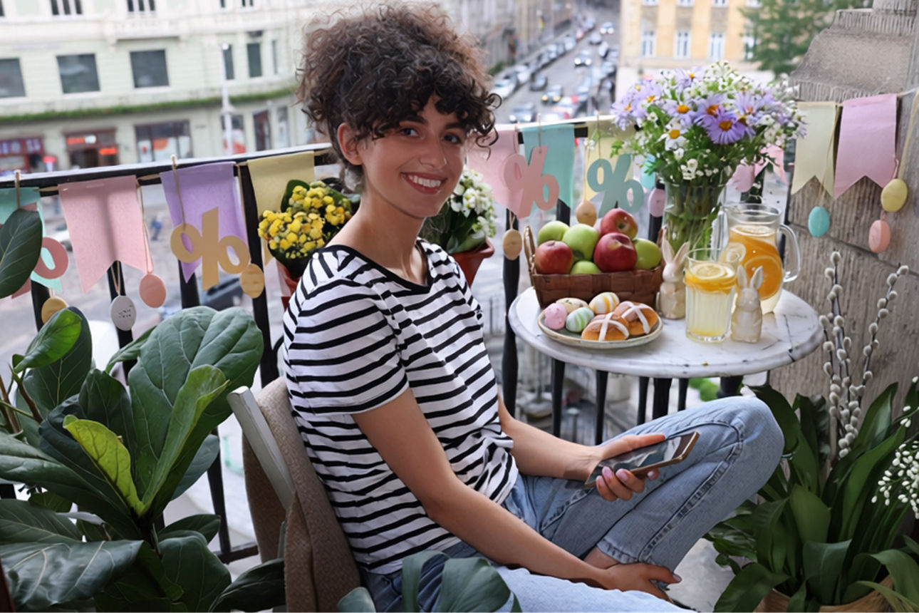 Frau zuhause auf dem Balkon mit Osterdeko im Hintergrund