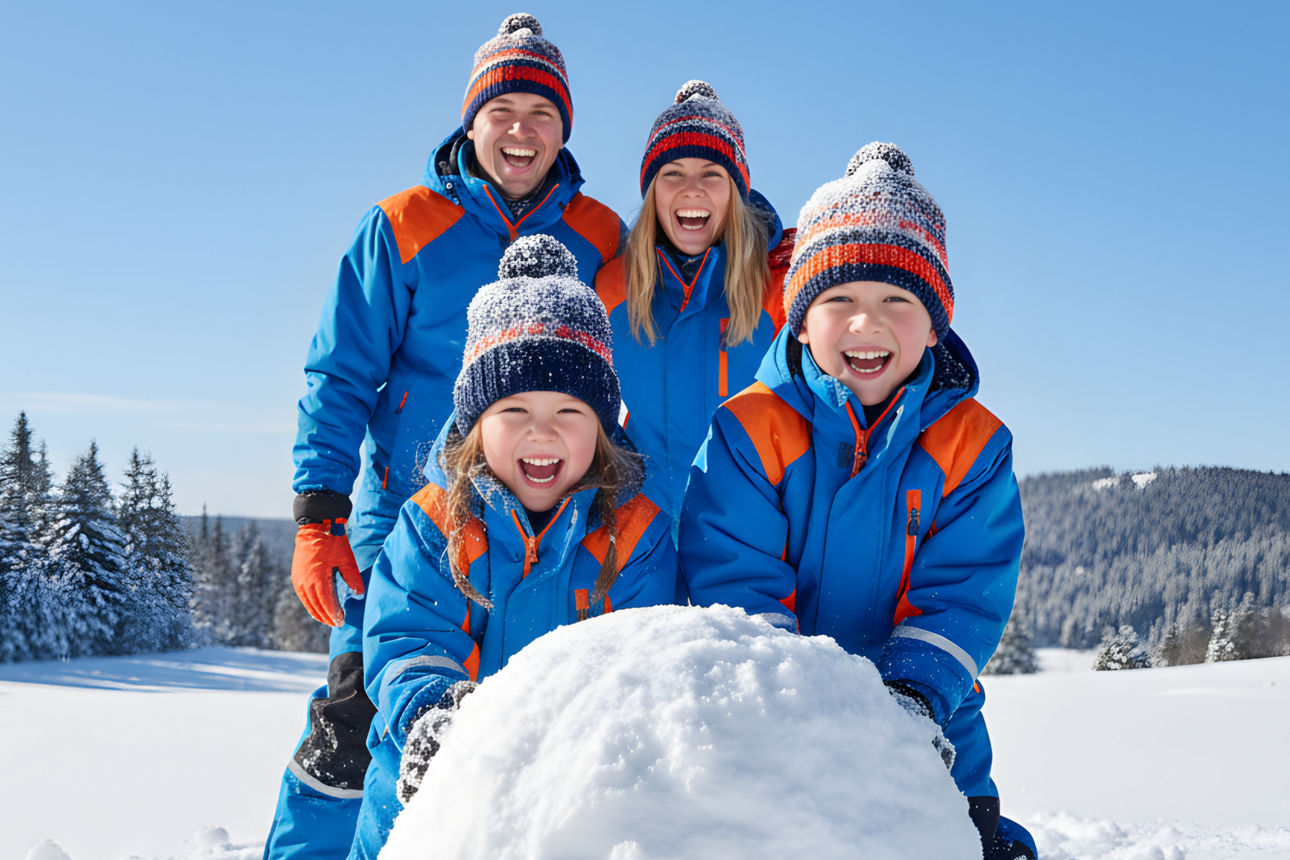 Mann, Frau, Junge und Mädchen lachend im Schnee. Bild: KI-generiert