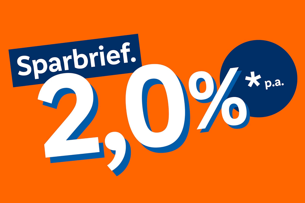 Schriftzug "Sparbrief 2,0 %* p.a. auf einem orangenen Hintergrund