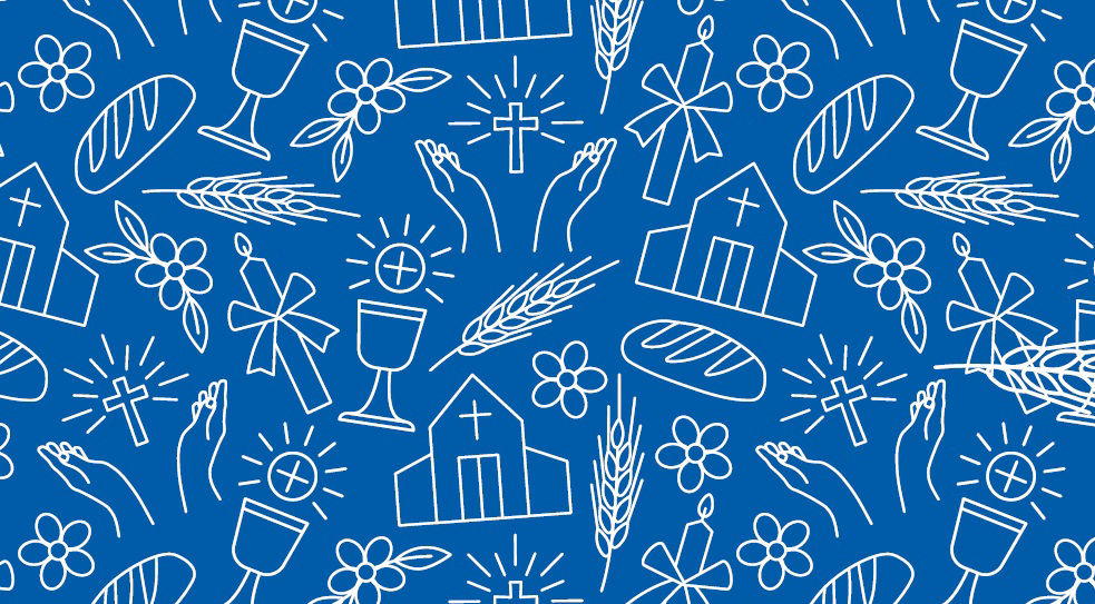 alt="Blaues Muster mit weißen Symbolen wie Kirche, Kreuz, Brot, Kelch, Ähren und Blumen – symbolisch für religiöse Feste"