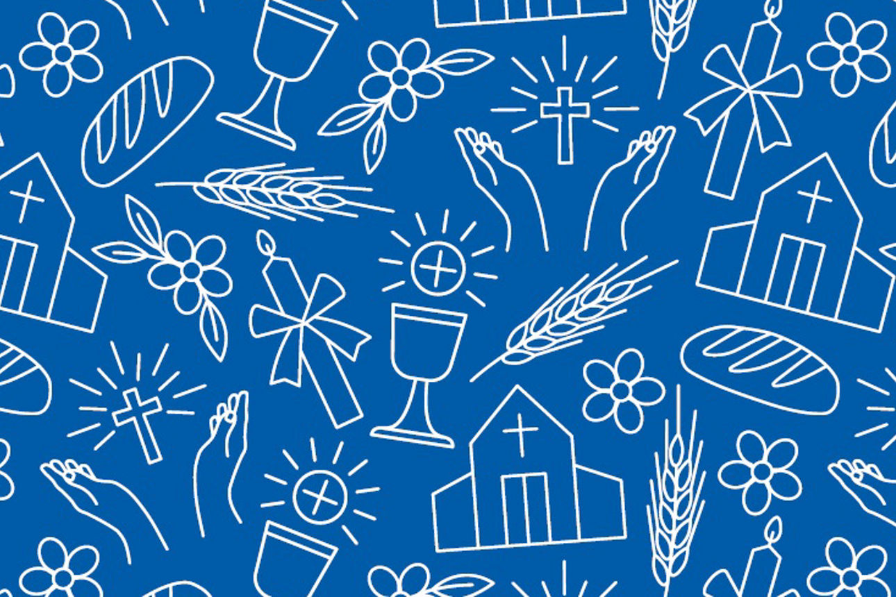 alt="Blaues Muster mit weißen Symbolen wie Kirche, Kreuz, Brot, Kelch, Ähren und Blumen – symbolisch für religiöse Feste"