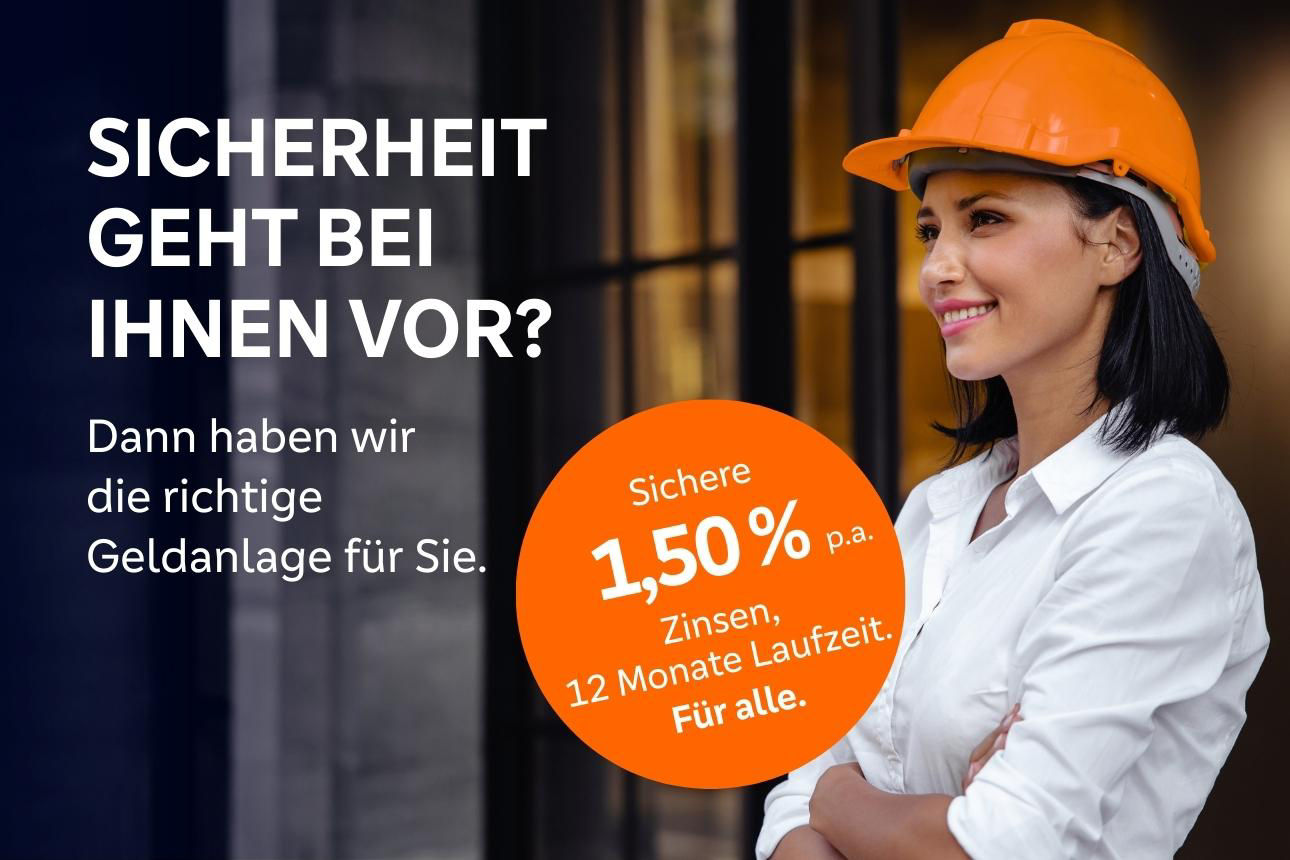 Junge Frau mit Bauhelm. Ein Text wirbt für eine sichere Geldanlage. Störer: Sichere 1,5 % p.a. Zinsen, 12 Monate Laufzeit.