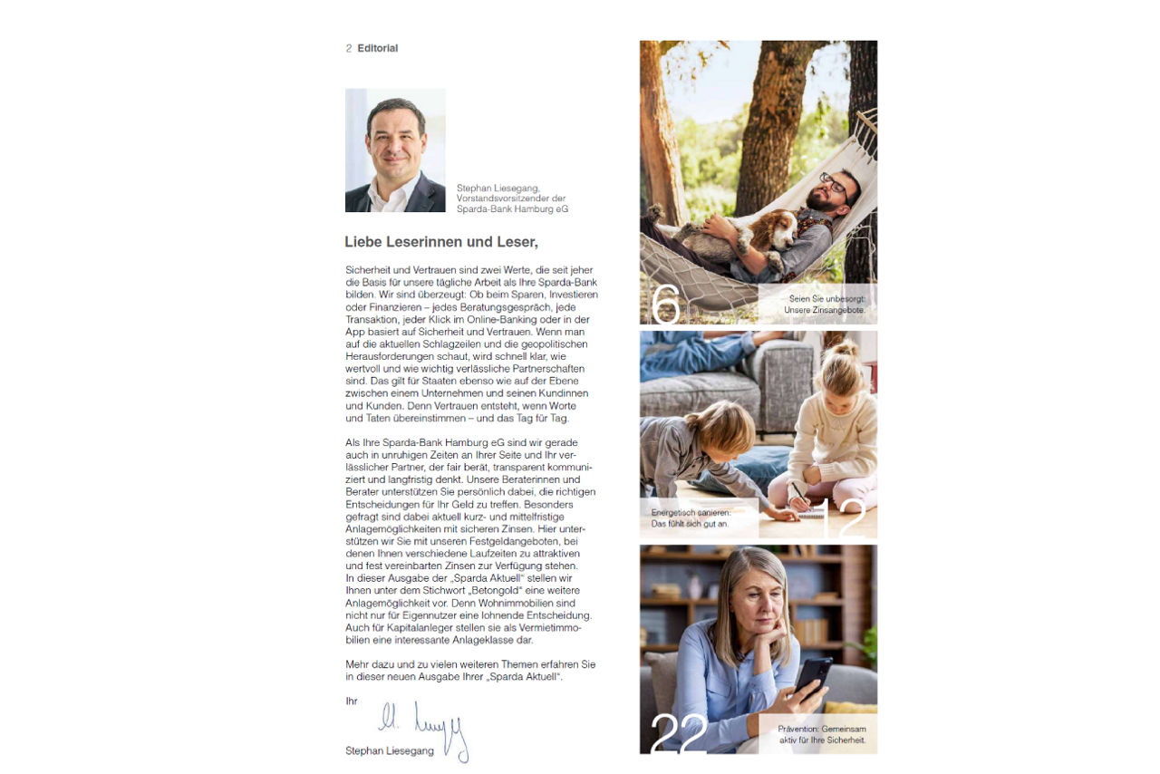 Abbildung Inhalt der aktuelle Ausgabe Mitgliedermagazin Sparda Aktuell