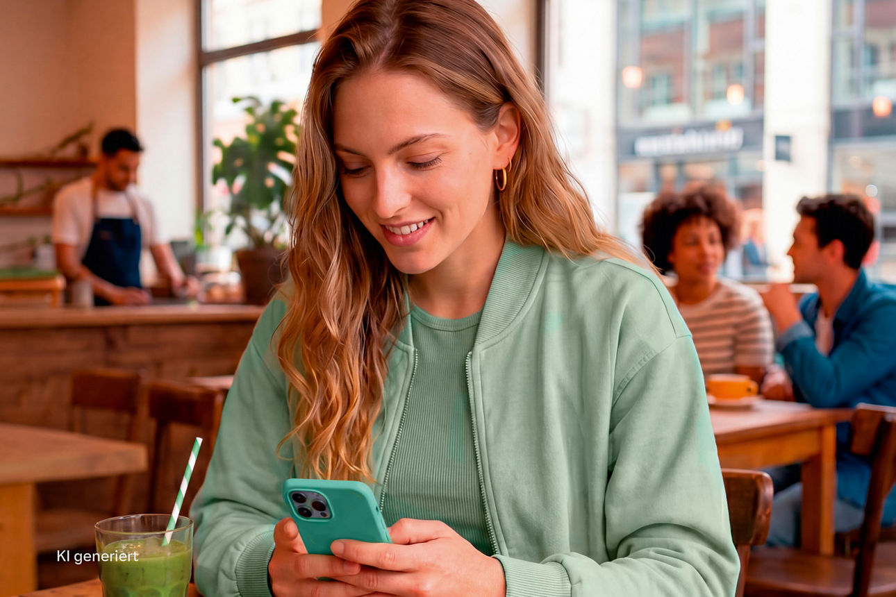 Frau sitzt mit Handy im Cafe