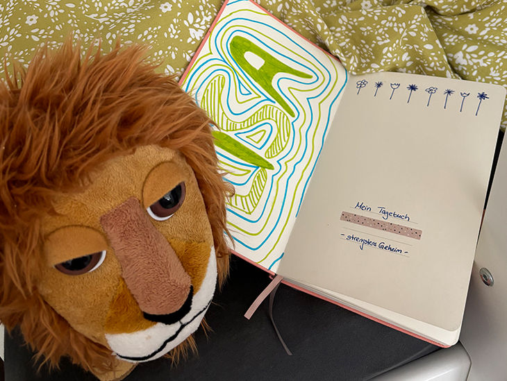 Ein Löwe als Kuscheltier und ein aufgeklapptes Buch