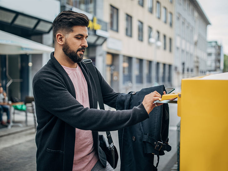 Mann wirft Brief in einen gelben Briefkasten