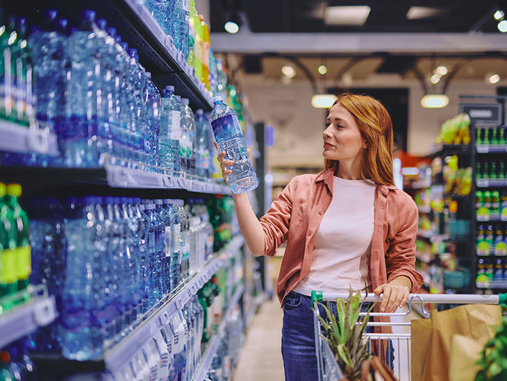Junge Frau steht im Supermarkt vor einem Regal mit Wasserflaschen